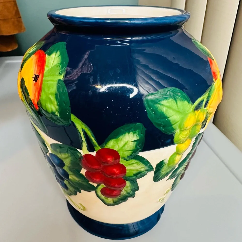 Vintage Nonnis Biscotti Cookie Jar Blue Hand Painted Tuscany Fruit flower Vase